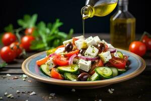 Greek salad with feta cheese and olive oil on plate. Greek healthy food. Generative AI photo