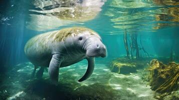 Florida manatee in clear water. Generative AI photo