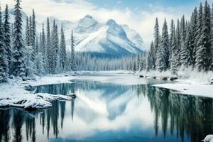 Winter landscape of snowy mountains with lake and pine trees. Generative AI photo