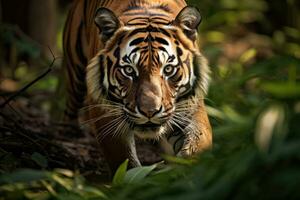 Portrait of Sumatran tiger in a jungle, Panthera tigris sumatrae. Generative AI photo