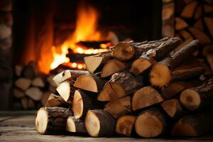 Stacked logs of firewood by the fireplace. Generative AI photo