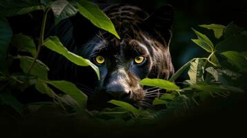 Mysterious black jaguar in the jungle. Generative AI photo
