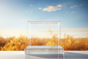 Mockup glass cube podium. Podium pedestal mock up with autumn panorama. Generative AI photo