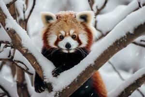 Red panda in snow covered tree. Generative AI photo