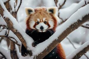 rojo panda en nieve cubierto árbol. generativo ai foto