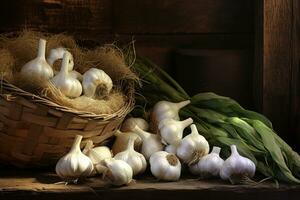 Harvested garlic, garlic on a rustic old board. Generative AI photo