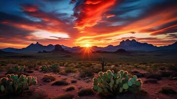 salvaje Oeste Texas Desierto paisaje con puesta de sol con montañas y cactus generativo ai foto