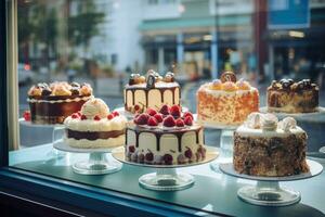 Assorted cakes in a shop window for sale. Generative AI photo