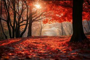 An autumn background with a dense forest, tree branches with vibrant red and orange leaves. Generative AI photo