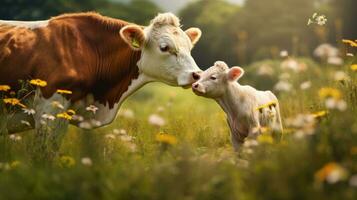 A rural scene with a cow and a calf in a green meadow. Generative AI photo