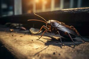 A close - up of a cockroach in urban alley. Generative AI photo