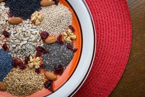 Assortment of fresh dried seeds Used as ingredients in cooking. Sunflower, sesame, linseed, poppy, chia, nuts, rolled oats and Cranberries on plate. photo