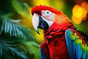 Colorful scarlet macaw parrot in jungle. Generative AI photo