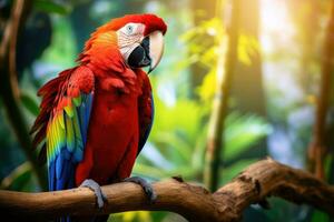 Colorful scarlet macaw parrot in jungle. Generative AI photo