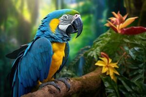 Blue scarlet macaw parrot in jungle. Generative AI photo