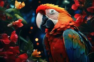 Colorful scarlet macaw parrot in jungle. Generative AI photo