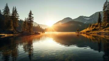 Sunrise at a mountain lake surrounded by mountains and forests. Generative AI photo