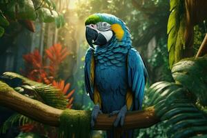 Blue scarlet macaw parrot in jungle. Generative AI photo