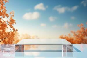 Mockup glass cube podium. Podium pedestal mock up with autumn panorama. Generative AI photo