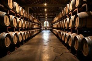 Wooden oak barrels for wine in the cellar. Generative AI photo