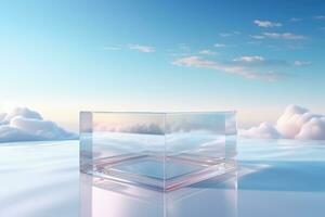 Mockup glass cube podium. Podium pedestal mock up with autumn panorama. Generative AI photo