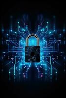 Cyber security concept. Lock and connection network symbol on blue background. Generative AI photo