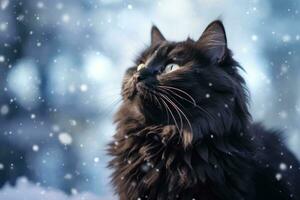 Furry black cat in winter with falling snow. Generative AI photo