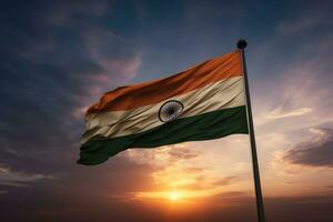 Indian flag waving on blue sky background. Generative AI photo