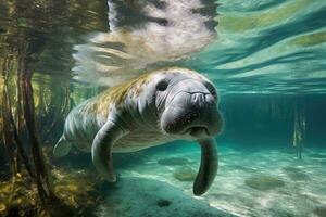 Florida manatee in clear water. Generative AI photo