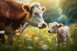 A rural scene with a cow and a calf in a green meadow. Generative AI photo