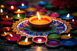 Happy Diwali. Clay Diya lamps during Diwali celebration, Hindu festival of lights celebration. Generative AI photo