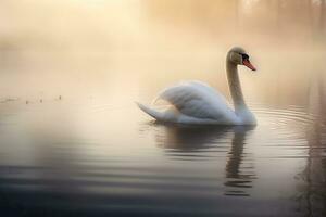 Floating white swan on a foggy lake. AI Generative photo