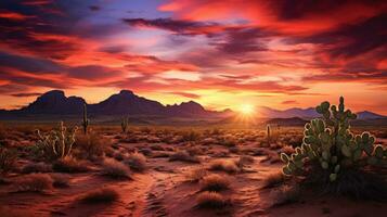 salvaje Oeste Texas Desierto paisaje con puesta de sol con montañas y cactus generativo ai foto