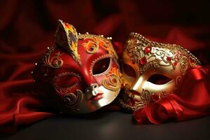 festivo veneciano carnaval máscara con oro decoraciones en rojo antecedentes. generativo ai foto