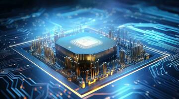Futuristic neon microprocessor on blue background. Integrated microchip. Generative AI photo