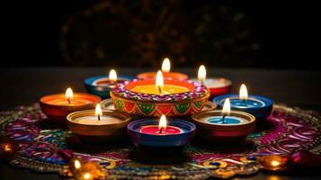 Happy Diwali. Clay Diya lamps during Diwali celebration, Hindu festival of lights celebration.. Generative AI photo