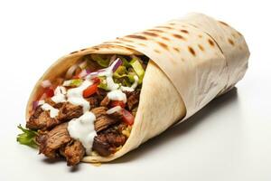 Tortilla wrap with meat, salad and mayonnaise. AI Generative photo