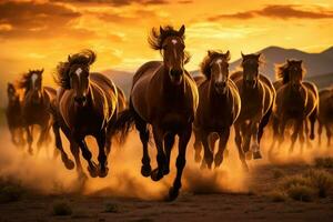 grupo de caballos corriendo galope en el desierto. generativo ai foto