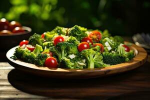 Broccoli salad with vibrant green florets, cherry tomatoes on a rustic wooden plate. Generative AI photo