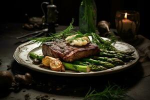 Beef steak with a classic garnish of asparagus and mushrooms on an antique porcelain plate. Generative AI photo