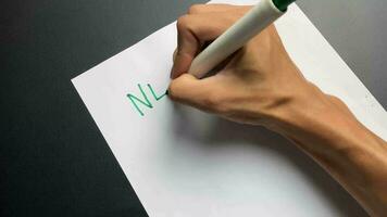 Man writing New Year New Me text on blank plain white paper. 2023 New Year resolution wish and goals text video