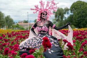 glorioso elegancia en el corazón de cholula cempasúchil campos un fascinante día de el muerto Sesión de fotos, presentando un maravilloso mujer transformado dentro un catrina, pago a el tradicion de morir Delaware muertos foto