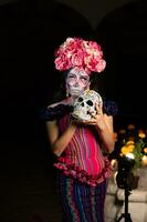 Calavera Catrina sitting on a throne. Sugar skull makeup. Dia de los muertos. Day of The Dead. Halloween. photo