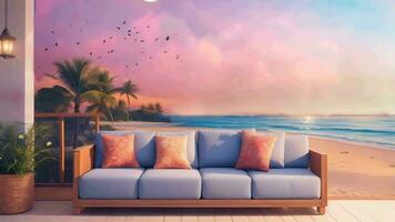 ai generativo, un hermosa puesta de sol en el playa con un sofá y un mesa video