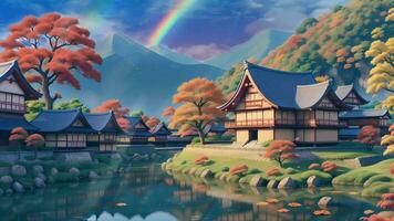 Ai generative, the japanese village is surrounded by trees and a rainbow video