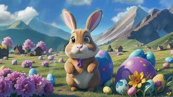 Ai generative, an easter bunny is sitting in the grass with flowers and eggs video