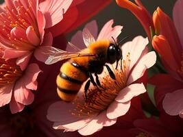 Crimson blossom, a bee Background. Generative Ai photo