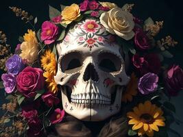 Day Of The Dead. Skull With Flowers. Generative Ai photo