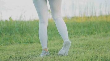 joven mujer extensión antes de corriendo mientras mirando para hermosa paisaje en borde del camino. Deportes y recreación video