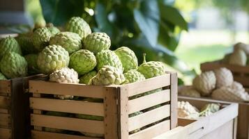 Freshly picked Sugar apple fruit from garden placed in the boxes. Generative AI photo